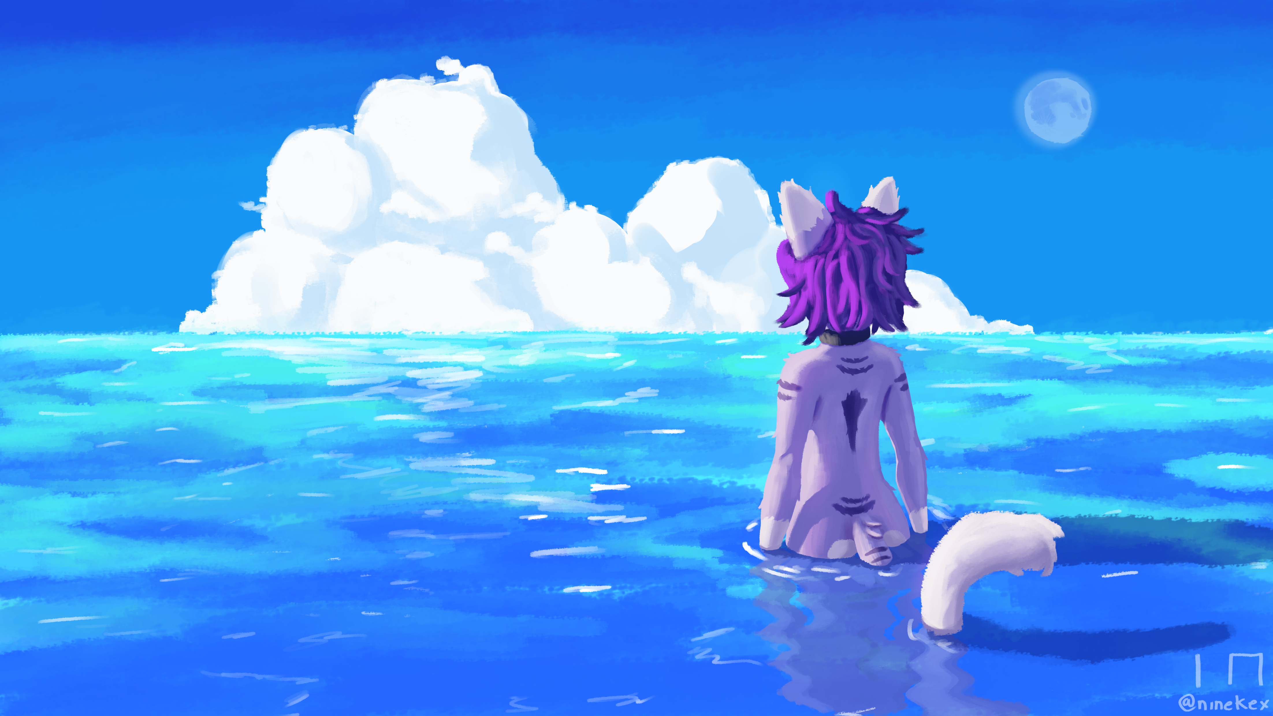 nine the cat standing in an ocean looking at a big cloud in the horizon,
         the moon is visible in the top right